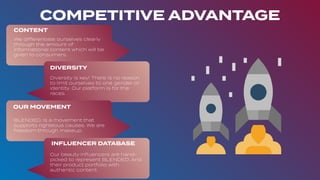 COMPETITIVE ADVANTAGE
.
CONTENT
DIVERSITY
OUR MOVEMENT
INFLUENCER DATABASE
We differentiate ourselves clearly
through the amount of
informational content which will be
given to consumers.
Diversity is key! There is no reason
to limit ourselves to one gender or
identity. Our platform is for the
races.
BLENDED. Is a movement that
supports righteous causes. We are
freedom through makeup.
Our beauty inﬂuencers are hand-
picked to represent BLENDED. And
their product portfolio with
authentic content.
 