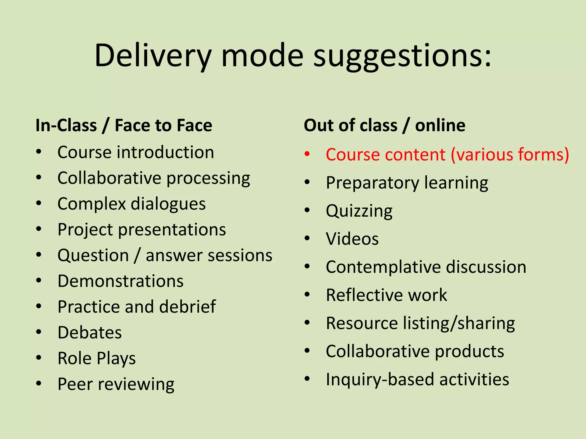 Delivery mode suggestions:
In-Class / Face to Face
• Course introduction
• Collaborative processing
• Complex dialogues
• Project presentations
• Question / answer sessions
• Demonstrations
• Practice and debrief
• Debates
• Role Plays
• Peer reviewing
Out of class / online
• Course content (various forms)
• Preparatory learning
• Quizzing
• Videos
• Contemplative discussion
• Reflective work
• Resource listing/sharing
• Collaborative products
• Inquiry-based activities
 