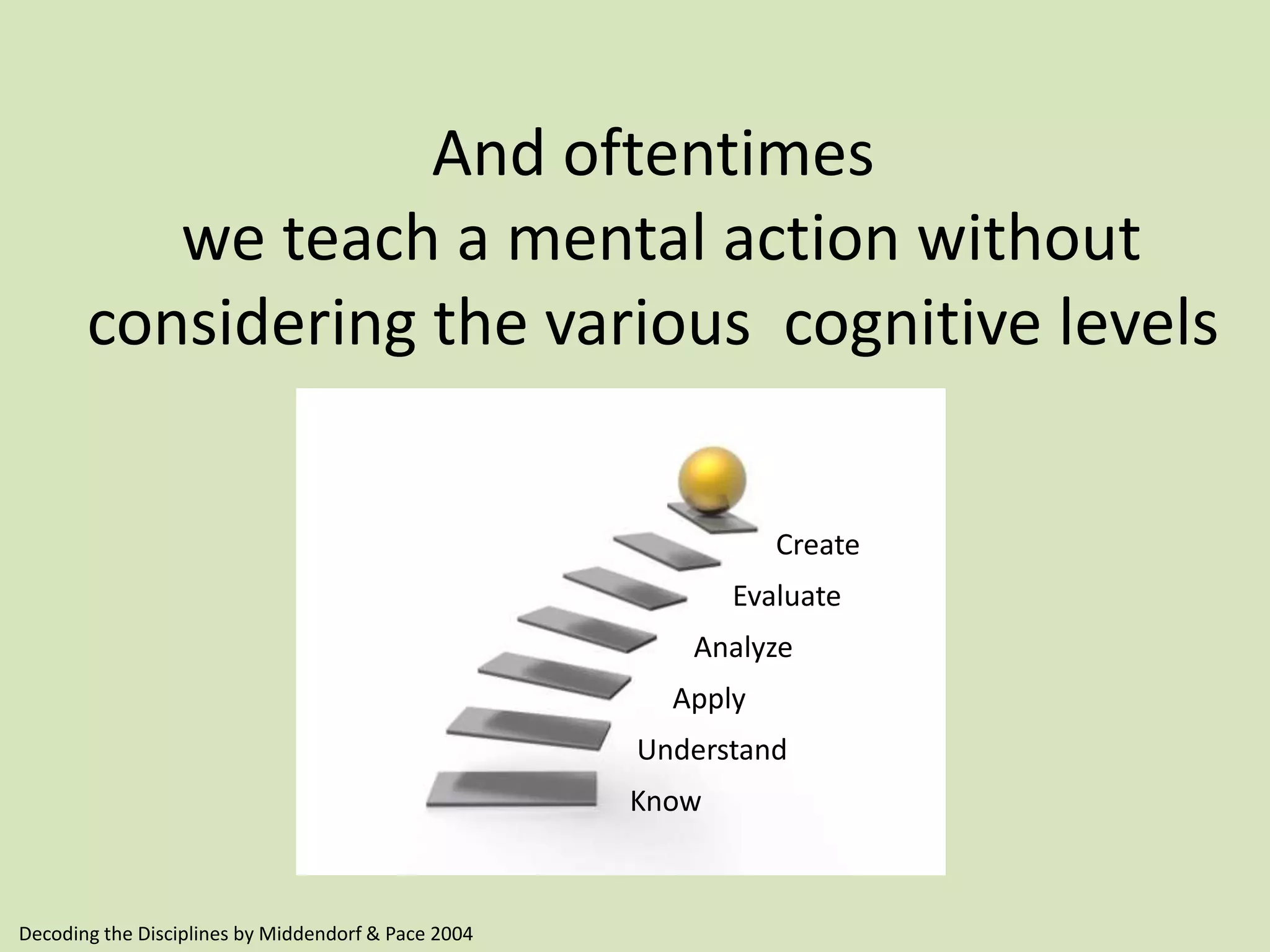 And oftentimes
we teach a mental action without
considering the various cognitive levels
Create
Understand
Apply
Analyze
Evaluate
Know
Decoding the Disciplines by Middendorf & Pace 2004
 