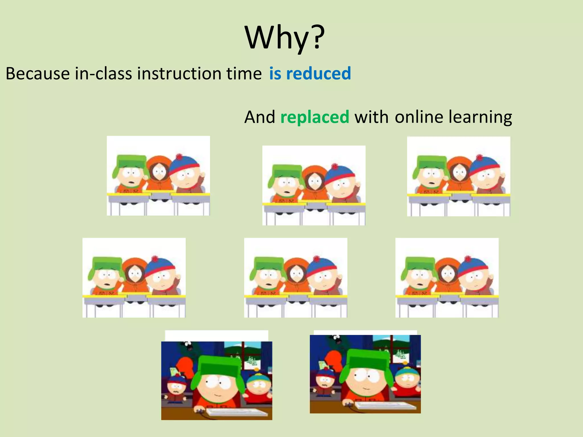 Why?
Because in-class instruction time
And replaced with
is reduced
online learning
 
