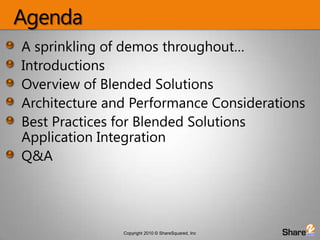 AgendaA sprinkling of demos throughout…IntroductionsOverview of Blended SolutionsArchitecture and Performance ConsiderationsBest Practices for Blended Solutions Application IntegrationQ&A
