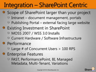Integration – SharePoint CentricScope of SharePoint larger than your projectIntranet – document management, portalsPublishing Portal – external facing large websiteExisting Investment in SharePointMOSS 2007 / WSS 3.0 InstallsCurrent Hardware / Software InfrastructurePerformanceLarge # of Concurrent Users > 100 RPSEnterprise FeaturesFAST, PerformancePoint, BI, Managed Metadata, Multi-Tenant, Variations