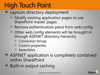 High Touch PointLayouts directory deploymentModify existing application pages to use SharePoint master pages.Remove authentication piece from web.configOther web.config elements will be brought in through ASP.NET directory hierarchyConnection StringsCustom propertiesAssembliesASP.NET application is completely contained within SharePointBuilt-in output caching