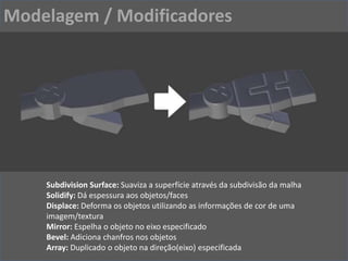 Modelagem / Modificadores
Subdivision Surface: Suaviza a superfície através da subdivisão da malha
Solidify: Dá espessura aos objetos/faces
Displace: Deforma os objetos utilizando as informações de cor de uma
imagem/textura
Mirror: Espelha o objeto no eixo especificado
Bevel: Adiciona chanfros nos objetos
Array: Duplicado o objeto na direção(eixo) especificada
 