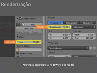 Alterando a distância focal na 3D View e no Render
Renderização
 