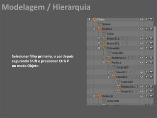 Selecionar filho primeiro, o pai depois
segurando Shift e pressionar Ctrl+P
no modo Objeto.
Modelagem / Hierarquia
 