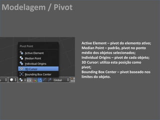 Modelagem / Pivot
Active Element – pivot do elemento ativo;
Median Point – padrão, pivot no ponto
médio dos objetos selecionados;
Individual Origins – pivot de cada objeto;
3D Cursor: utiliza esta posição como
pivot;
Bounding Box Center – pivot baseado nos
limites do objeto.
 