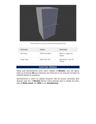 Colorindo Objetos
Nessa aula aprenderemos como colorir objetos no Blender, pois até agora,
todas as primitivas 3D que inserimos nas cenas tem a cor cinza por se tratar do
material padrão do programa.
Aprenderemos a colorir os objetos lançando mão de poucos comandos para
alcançar esse fim. O Blender oferece meios flexíveis para a criação de cores,
seja de Modo visual, por RGB ou em Hexadecimal.
 