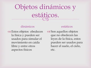 
Objetos dinámicos y
estáticos.
dinámicos
 Estos objetos obedecen
la física y pueden ser
usados para simular el
movimiento en caída
libre y entre otros
aspectos físicos
estáticos
 Son aquellos objetos
que no obedecen las
leyes de la física, estos
pueden ser usados para
hacer el suelo, el cielo,
etc.
 