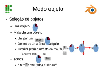 Modo objeto
● Seleção de objetos
– Um objeto
– Mais de um objeto
● Um por um
● Dentro de uma área retangular
● Circular (com o arrasto do mouse)
– Encerra com ou
– Todos
● alterna entre todos e nenhum
Shift
A
B , , ,
C
Esc
 