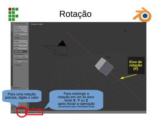 Rotação
Para restringir a
rotação em um só eixo:
tecle X, Y ou Z
após iniciar a operação
(novamente para orientação local)
Para uma rotação
precisa, digite o valor
Eixo de
rotação
(X)
 
