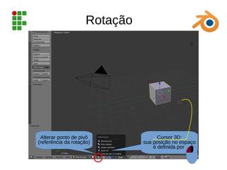 Rotação
Alterar ponto de pivô
(referência da rotação)
Cursor 3D:
sua posição no espaço
é definida por
 
