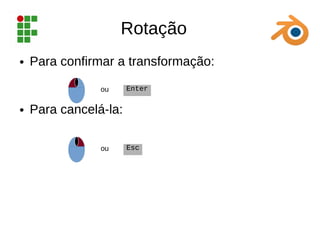 Rotação
● Para confirmar a transformação:
● Para cancelá-la:
Enter
ou
Esc
ou
 