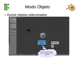 Modo Objeto
● Excluir objetos selecionados
Teclas de
atalho Delete
Elas só funcionam
com o mouse sobre
o painel
X
 