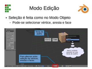 Modo Edição
● Seleção é feita como no Modo Objeto
– Pode-se selecionar vértice, aresta e face
Tecla de
atalho
Ctrl
Menu exibido
quando se usa
tecla de atalho
Tab
Para alternar entre
seleção de vértices,
arestas e faces
 