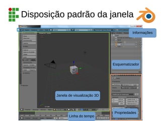 Disposição padrão da janela
Janela de visualização 3D
Esquematizador
Propriedades
Linha do tempo
Propriedades
Informações
 