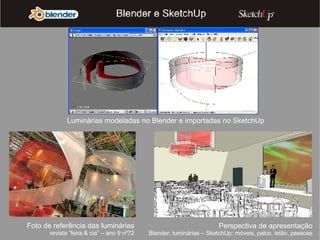 Foto de referência das luminárias revista “feira & cia” – ano 9 nº72 Perspectiva de apresentação Blender: luminárias – SketchUp: móveis, palco, telão, pessoas Luminárias modeladas no Blender e importadas no SketchUp 
