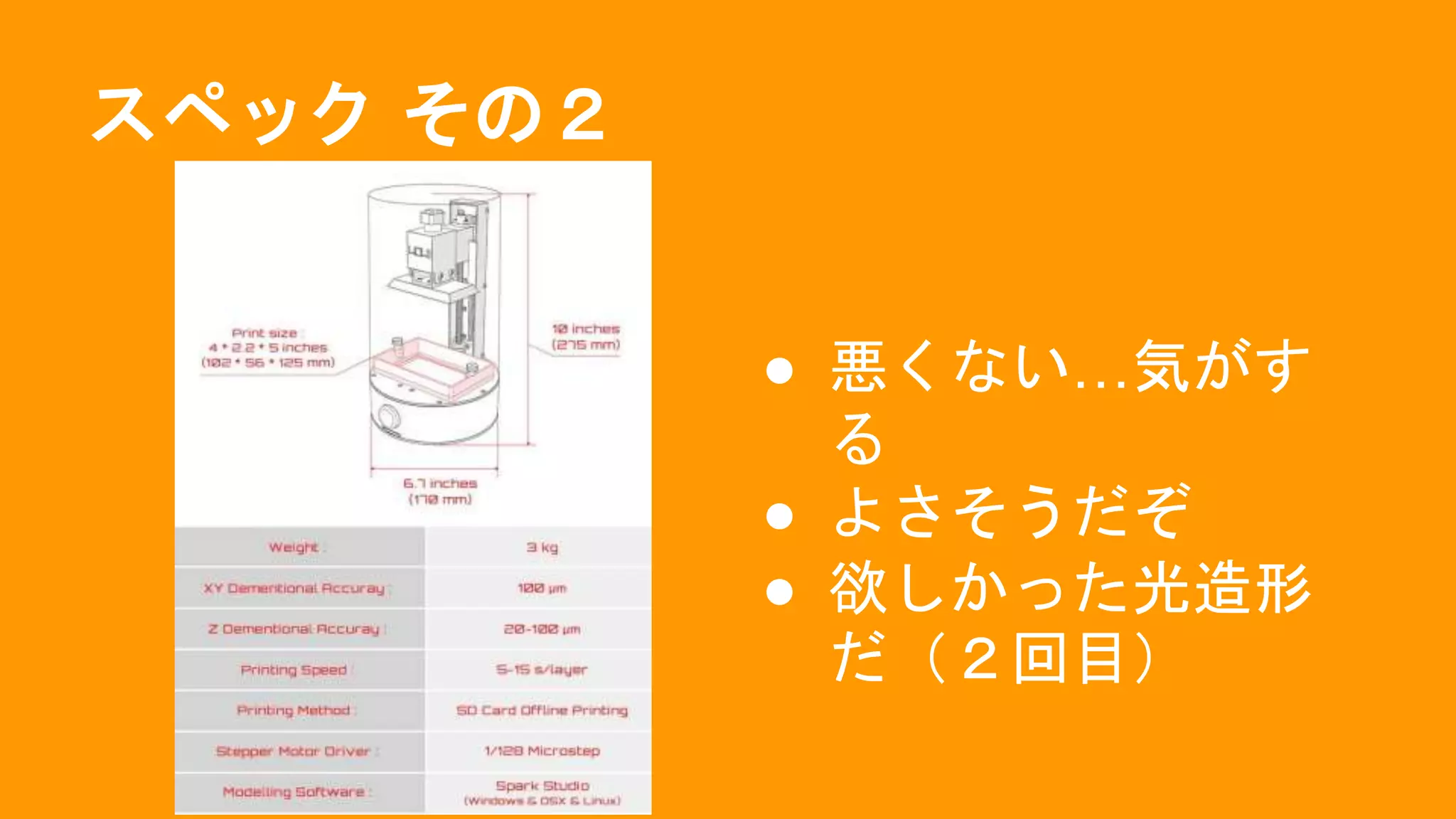 スペック その２
● 悪くない…気がす
る
● よさそうだぞ
● 欲しかった光造形
だ（２回目）
 