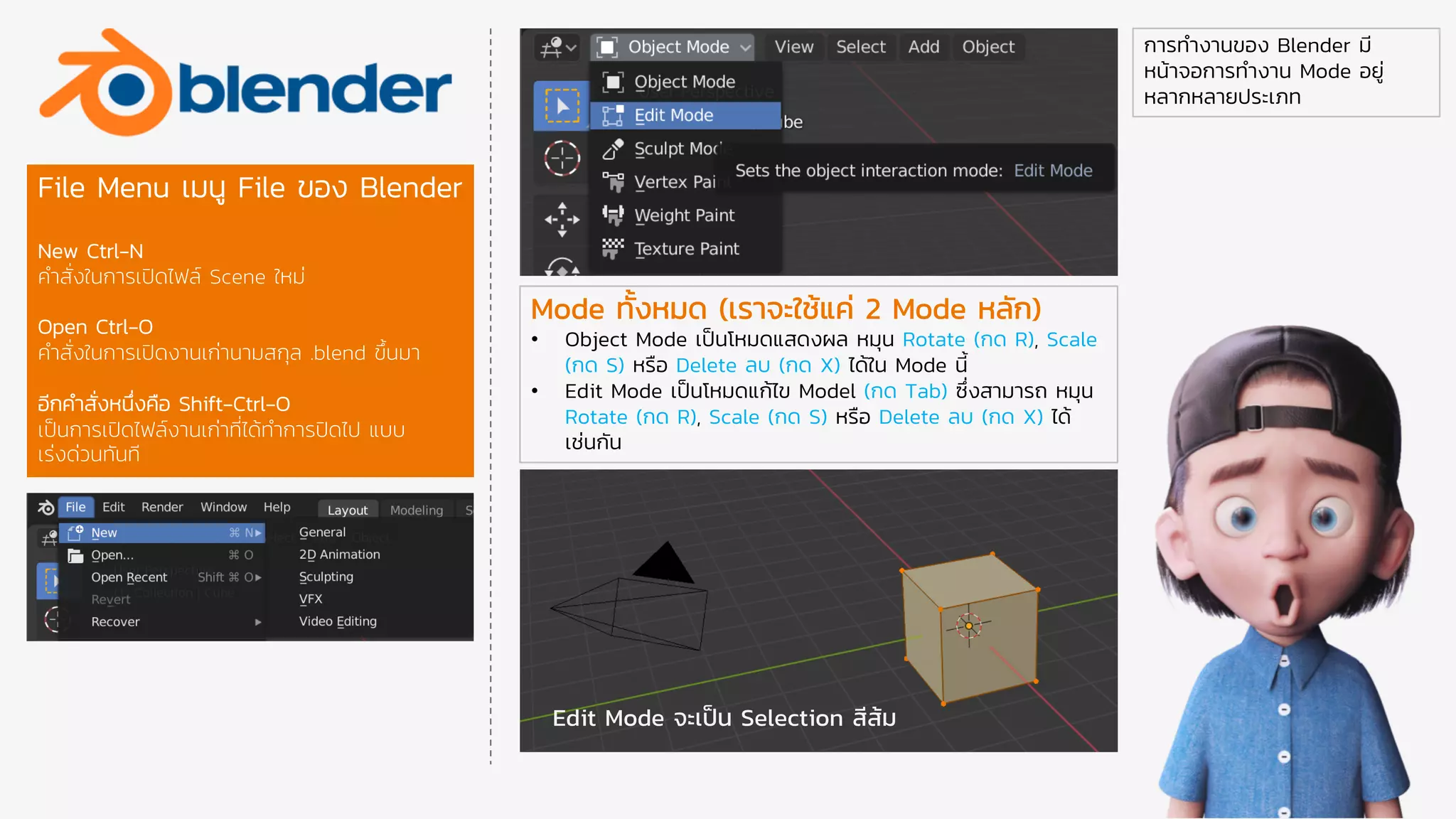 File Menu เมนู File ของ Blender
New Ctrl-N
คําสั่งในการเปิดไฟล์ Scene ใหม่
Open Ctrl-O
คําสั่งในการเปิดงานเก่านามสกุล .blend ขึ้นมา
อีกคําสั่งหนึ่งคือ Shift-Ctrl-O
เป็นการเปิดไฟล์งานเก่าที่ได้ทําการปิดไป แบบ
เร่งด่วนทันที
การทํางานของ Blender มี
หน้าจอการทํางาน Mode อยู่
หลากหลายประเภท
Mode ทั้งหมด (เราจะใช้แค่ 2 Mode หลัก)
• Object Mode เป็นโหมดแสดงผล หมุน Rotate (กด R), Scale
(กด S) หรือ Delete ลบ (กด X) ได้ใน Mode นี้
• Edit Mode เป็นโหมดแก้ไข Model (กด Tab) ซึ่งสามารถ หมุน
Rotate (กด R), Scale (กด S) หรือ Delete ลบ (กด X) ได้
เช่นกัน
Edit Mode จะเป็น Selection สีส้ม
 