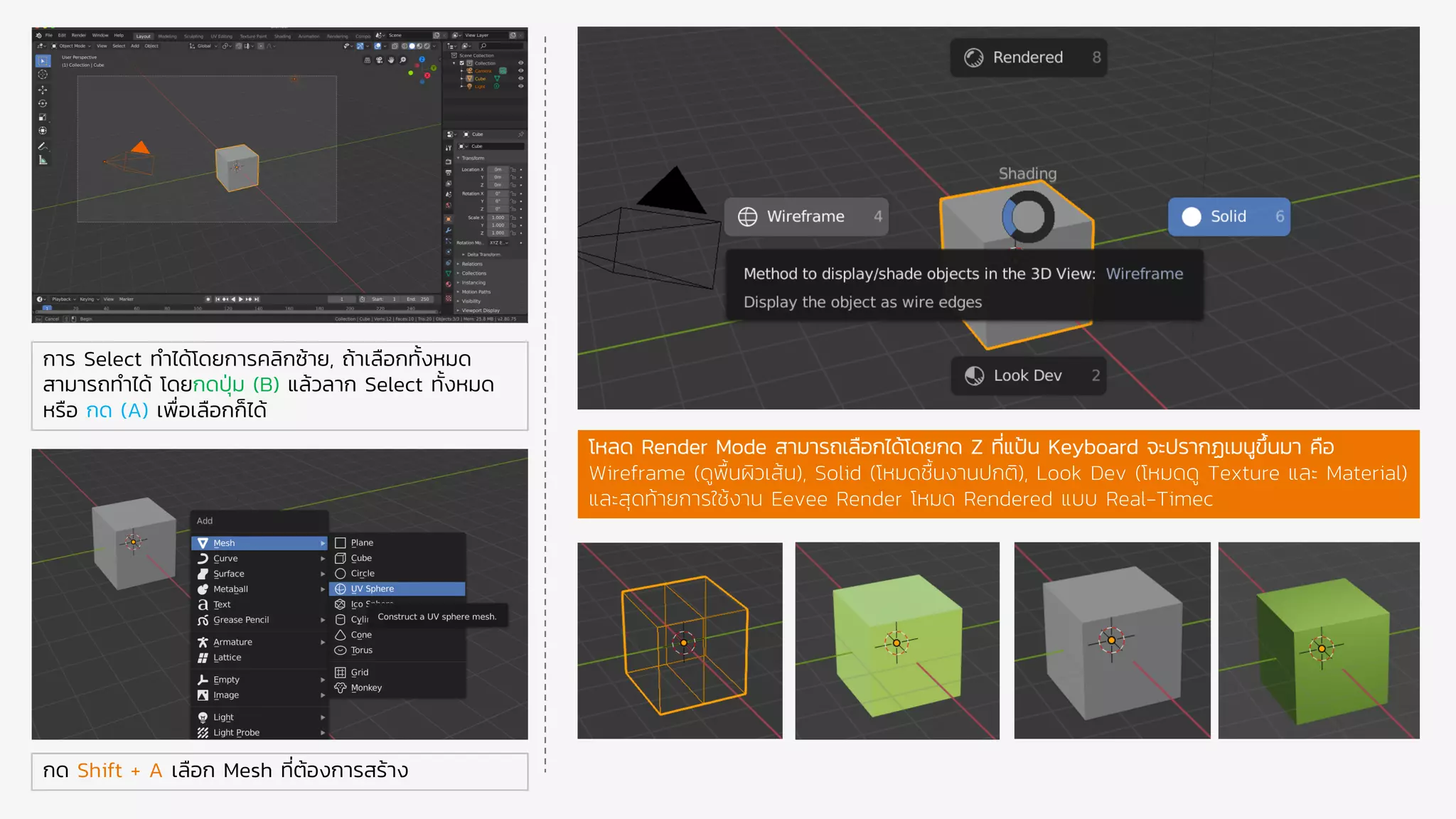 การ Select ทําได้โดยการคลิกซ้าย, ถ้าเลือกทั้งหมด
สามารถทําได้ โดยกดปุ่ม (B) แล้วลาก Select ทั้งหมด
หรือ กด (A) เพื่อเลือกก็ได้
กด Shift + A เลือก Mesh ที่ต้องการสร้าง
โหลด Render Mode สามารถเลือกได้โดยกด Z ที่แป้น Keyboard จะปรากฏเมนูขึ้นมา คือ
Wireframe (ดูพื้นผิวเส้น), Solid (โหมดชื้นงานปกติ), Look Dev (โหมดดู Texture และ Material)
และสุดท้ายการใช้งาน Eevee Render โหมด Rendered แบบ Real-Timec
 