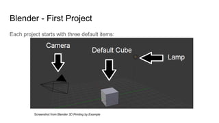 Blender - First Project
Each project starts with three default items:
Screenshot from Blender 3D Printing by Example
 