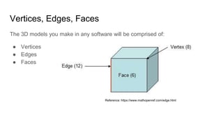 Vertices, Edges, Faces
The 3D models you make in any software will be comprised of:
● Vertices
● Edges
● Faces
Reference: ...