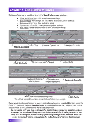 8
Chapter 1- The Blender Interface
Settings of interest to us at this time in the User Preferences window-
• View and Controls- tool tips and mouse settings
• Edit Methods- how things are linked and duplicated, undo settings
• Language and Fonts- text style and sizes
• System and OpenGL- change some system settings
• File Paths- tells Blender where to look for certain things
View & Controls
ToolTips Mouse Operations Widget Controls
Edit Methods
System & OpenGL
Global Undo (Alt-”U” keys) Linked Data
Keyboard Options
(for laptops)
VertexArrays-
(improve graphics)
File Paths
Click on folders to set paths-
This will help later so Blender goes straight to these folders when needed.
If you would like these changes to always be in place whenever you start Blender, press the
Ctrl- “U” keys and save as User Defaults. You will need to use the LMB and click on the
actual words “Save User Defaults” for the save to occur.
Be careful to only use this setting at the beginning of a drawing session and on
your own personal machine (not school computers). If a drawing is open at the
time, that drawing will automatically open every time you use Blender. It will be-
come the default scene and replace the cube, lamp and camera basic setup!
 