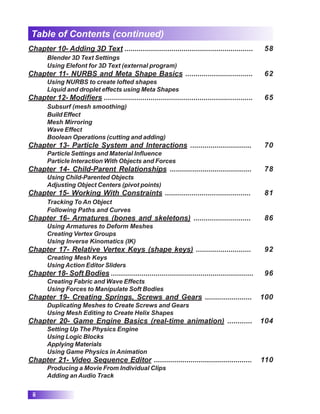 Table of Contents (continued)
ii
Chapter 10- Adding 3D Text ............................................................... 58
Blender 3D Text Settings
Using Elefont for 3D Text (external program)
Chapter 11- NURBS and Meta Shape Basics ................................. 62
Using NURBS to create lofted shapes
Liquid and droplet effects using Meta Shapes
Chapter 12- Modifiers ......................................................................... 65
Subsurf (mesh smoothing)
Build Effect
Mesh Mirroring
Wave Effect
Boolean Operations (cutting and adding)
Chapter 13- Particle System and Interactions .............................. 70
Particle Settings and Material Influence
Particle Interaction With Objects and Forces
Chapter 14- Child-Parent Relationships ........................................ 78
Using Child-Parented Objects
Adjusting Object Centers (pivot points)
Chapter 15- Working With Constraints .......................................... 81
Tracking To An Object
Following Paths and Curves
Chapter 16- Armatures (bones and skeletons) ............................ 86
Using Armatures to Deform Meshes
Creating Vertex Groups
Using Inverse Kinomatics (IK)
Chapter 17- Relative Vertex Keys (shape keys) ........................... 92
Creating Mesh Keys
Using Action Editor Sliders
Chapter 18- Soft Bodies ...................................................................... 96
Creating Fabric and Wave Effects
Using Forces to Manipulate Soft Bodies
Chapter 19- Creating Springs, Screws and Gears ....................... 100
Duplicating Meshes to Create Screws and Gears
Using Mesh Editing to Create Helix Shapes
Chapter 20- Game Engine Basics (real-time animation) ............ 104
Setting Up The Physics Engine
Using Logic Blocks
Applying Materials
Using Game Physics in Animation
Chapter 21- Video Sequence Editor ................................................ 110
Producing a Movie From Individual Clips
Adding an Audio Track
 