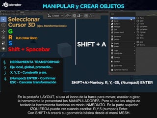 En la pestaña LAYOUT, si usa el icono de la barra para mover, escalar o girar,
la herramienta le presentará los MANIPULADORES. Pero si usa los atajos de
teclado la herramienta funciona en modo INMEDIATO. En la parte superior
IZQUIERDA puede ver cuando escribe: R,Y,5 (numpad) Enter.
Con SHIFT+A creará su geometría básica desde el menú MESH.
 