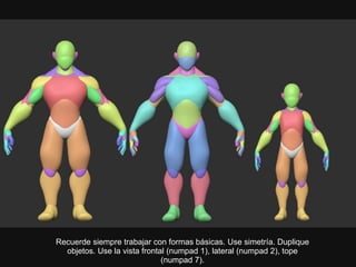 Recuerde siempre trabajar con formas básicas. Use simetría. Duplique
objetos. Use la vista frontal (numpad 1), lateral (numpad 2), tope
(numpad 7).
 