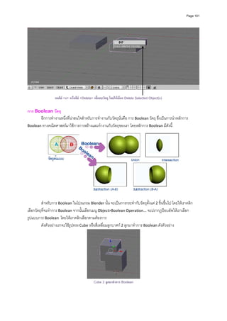 Page 101




                                                                                                                 
 
                  กดคีย <x> หรือคีย <Delete> เพื่อลบวัตถุ โดยใหเลือก Delete Selected Object(s)

การ Boolean วัตถุ 
       อีกการทํางานหนึ่งที่นาสนใจสําหรับการทํางานกับวัตถุนั่นคือ การ Boolean วัตถุ ซึ่งเปนการนําหลักการ 
Boolean ทางคณิตศาสตรมาใชการการสรางและทํางานกับวัตถุของเรา โดยหลักการ Boolean มีดังนี้ 




          สําหรับการ Boolean ในโปรแกรม Blender นั้น จะเปนการกระทํากับวัตถุตั้งแต 2 ชิ้นขึ้นไป โดยใหเราคลิก
เลือกวัตถุที่จะทําการ Boolean จากนั้นเลือกเมนู Object>Boolean Operation... จะปรากฏปอบอัพใหเราเลือก
รูปแบบการ Boolean  โดยใหเราคลิกเลือกตามตองการ  
          ดังตัวอยางเราจะใชรูปทรง Cube หรือสี่เหลี่ยมลูกบาศก 2 ลูกมาทําการ Boolean ดังตัวอยาง 




                                              Cube 2 ลูกมาทําการ Boolean
 