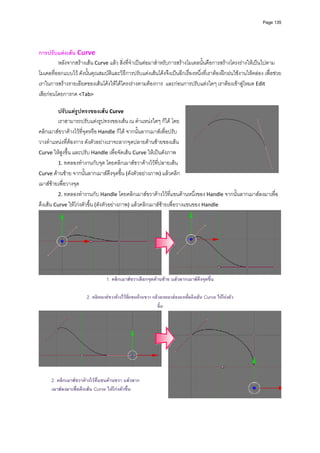 Page 135




การปรับแตงเสน Curve 
         หลังจากสรางเสน Curve แลว สิ่งที่จําเปนตอมาสําหรับการสรางโมเดลนั้นคือการสรางโครงรางใหเปนไปตาม
โมเดลที่ออกแบบไว ดังนั้นคุณสมบัติและวิธีการปรับแตงเสนโคงจึงเปนอีกเรื่องหนึ่งที่เราตองฝกฝนใชงานใหคลอง เพื่อชวย
เราในการสรางรายเอียดของเสนโคงใหไดโครงรางตามตองการ  และกอนการปรับแตงใดๆ เราตองเขาสูโหมด Edit 
เสียกอนโดยการกด <Tab> 
          
          ปรับแตรูปทรงของเสน Curve 
          เราสามารถปรับแตงรูปทรงของเสน ณ ตําแหนงใดๆ ก็ได โดย
คลิกเมาสขวาคางไวที่จุดหรือ Handle ก็ได จากนั้นลากเมาสเพื่อปรับ
วางตําแหนงที่ตองการ ดังตัวอยางเราจะลากจุดปลายดานซายของเสน 
Curve ใหสูงขึ้น และปรับ Handle เพื่อจัดเสน Curve ใหเปนดังภาพ  
          1. ทดลองทํางานกับจุด โดยคลิกเมาสขวาคางไวที่ปลายเสน 
Curve ดานซาย จากนั้นลากเมาสดึงจุดขึ้น (ดังตัวอยางภาพ) แลวคลิก
เมาสซายเพื่อวางจุด 
          2. ทดลองทํางานกับ Handle โดยคลิกเมาสขวาคางไวที่แขนดานหนึ่งของ Handle จากนั้นลากเมาสลงมาเพื่อ
ดึงเสน Curve ใหโกงตัวขึ้น (ดังตัวอยางภาพ) แลวคลิกเมาสซายเพื่อวางแขนของ Handle 




                                                                                                                        
                                 1. คลิกเมาสขวาเลือกจุดดานซาย แลวลากเมาสดึงจุดขึ้น

                       2. คลิกเมาสขวาคางไวที่แขนดานขวา แลวลากเมาสลงมาเพื่อดึงเสน Curve ใหโกงตัว
                                                             ขึ้น




      2. คลิกเมาสขวาคางไวที่แขนดานขวา แลวลาก
      เมาสลงมาเพื่อดึงเสน Curve ใหโกงตัวขึน
                                              ้

          
 