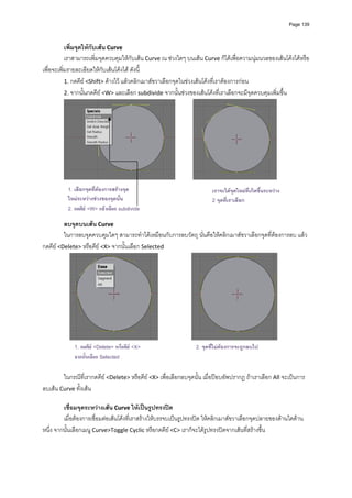 Page 139



           เพิ่มจุดใหกับเสน Curve 
           เราสามารถเพิ่มจุดควบคุมใหกับเสน Curve ณ ชวงใดๆ บนเสน Curve ก็ไดเพื่อความนุมนวลของเสนโคงไดหรือ
เพื่อจะเพิ่มรายละเอียดใหกับเสนโคงได ดังนี้ 
           1. กดคีย <Shift> คางไว แลวคลิกเมาสขวาเลือกจุดในชวงเสนโคงที่เราตองการกอน  
           2. จากนั้นกดคีย <W> และเลือก subdivide จากนั้นชวงของเสนโคงที่เราเลือกจะมีจุดควบคุมเพิ่มขึ้น 




                                                                                                         
          
           1. เลือกจุดที่ตองการสรางจุด                                 เราจะไดจุดใหมที่เกิดขึ้นระหวาง
           ใหมระหวางชวงของจุดนั้น                                     2 จุดที่เราเลือก
           2. กดคีย <W> แลวเลือก subdivide
          
         ลบจุดบนเสน Curve 
         ในการลบจุดควบคุมใดๆ สามารถทําไดเหมือนกับการลบวัตถุ นั่นคือใหคลิกเมาสขวาเลือกจุดที่ตองการลบ แลว
กดคีย <Delete> หรือคีย <X> จากนั้นเลือก Selected 




                                                                                                      
           1. กดคีย <Delete> หรือคีย <X>                       2. จุดที่ไมตองการจะถูกลบไป
          
          
              จากนั้นเลือก Selected
          
         ในกรณีที่เรากดคีย <Delete> หรือคีย <X> เพื่อเลือกลบจุดนั้น เมื่อปอบอัพปรากฏ ถาเราเลือก All จะเปนการ
ลบเสน Curve ทั้งเสน 
          
         เชื่อมจุดระหวางเสน Curve ใหเปนรูปทรงปด                         
         เมื่อตองการเชื่อมตอเสนโคงที่เราสรางใหบรรจบเปนรูปทรงปด ใหคลิกเมาสขวาเลือกจุดปลายของดานใดดาน
หนึ่ง จากนั้นเลือกเมนู Curve>Toggle Cyclic หรือกดคีย <C> เราก็จะไดรูปทรงปดจากเสนที่สรางขึ้น 
          
 