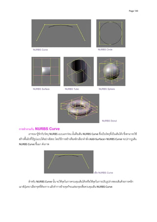 Page 149




             NURBS Curve                                                    NURBS Circle




                                                                                                         
             NURBS Surface                  NURBS Tube                       NURBS Sphere
                                                          




                                                                                NURBS Donut
          
การทํางานกับ NURBS Curve 
          เราจะมารูจักกับวัตถุ NURBS แบบแรกกอน นั้นคือเสน NURBS Curve ซึ่งเปนวัตถุที่เปนเสนโคง ซึ่งสามารถใช
สรางพื้นผิวที่ไรรูปแบบไดอยางอิสระ โดยวิธีการสรางคือคลิกเลือกคําสั่ง Add>Surface> NURBS Curve จะปรากฏเสน 
NURBS Curve ขึ้นมา ดังภาพ 
          




                                                                         เสน NURBS Curve

          สําหรับ NURBS Curve นั้น จะใชจุดในการควบคุมเสนโคงหรือใชจุดในการปรับรูปรางของเสนดวยการคลิก
เมาสปุมขวาเลือกจุดที่ตองการ แลวทําการยายจุดก็จะแตละจุดเพื่อควบคุมเสน NURBS Curve 
 