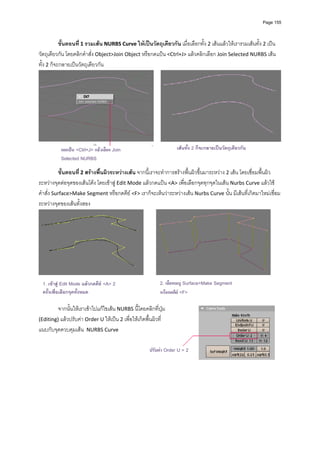Page 155




           ขั้นตอนที ่ 1 รวมเสน NURBS Curve ใหเปนวัตถุเดียวกัน เมื่อเลือกทั้ง 2 เสนแลวใหเรารวมเสนทั้ง 2 เปน
วัตถุเดียวกัน โดยคลิกคําสั่ง Object>Join Object หรือกดแปน <Ctrl+J> แลวคลิกเลือก Join Selected NURBS เสน
ทั้ง 2 ก็จะกลายเปนวัตถุเดียวกัน 




                                                                                                                        
                กดแปน <Ctrl+J> แลวเลือก Join                        เสนทั้ง 2 ก็จะกลายเปนวัตถุเดียวกัน
              Selected NURBS
             
            ขั้นตอนที ่ 2 สรางพื้นผิวระหวางเสน จากนี้เราจะทําการสรางพื้นผิวขึ้นมาระหวาง 2 เสน โดยเชื่อมพื้นผิว
ระหวางจุดตอจุดของเสนโคง โดยเขาสู Edit Mode แลวกดแปน <A> เพื่อเลือกจุดทุกจุดในเสน Nurbs Curve แลวใช
คําสั่ง Surface>Make Segment หรือกดคีย <F> เราก็จะเห็นวาระหวางเสน Nurbs Curve นั้น มีเสนที่เกิดมาใหมเชื่อม
ระหวางจุดของเสนทั้งสอง  




                                                                                                                    
 
    1. เขาสู  Edit Mode แลวกดคีย <A> 2                     2. เลือกเมนู Surface>Make Segment
    ครั้งเพื่อเลือกจุดทั้งหมด
                                                               หรือกดคีย <F>
             
         จากนั้นใหเราเขาไปแกไขเสน NURBS นี้โดยคลิกที่ปุม  
(Editing) แลวปรับคา Order U ใหเปน 2 เพื่อใหเกิดพื้นผิวที่
แนบกับจุดควบคุมเสน  NURBS Curve  
             
             
                                                         ปรับคา Order U = 2
             
             
 