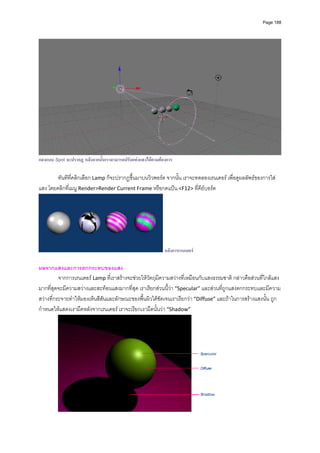 Page 188




แสงแบบ Spot จะปรากฏ หลังจากนั้นเราสามารถปรับแตงแสงไดตามตองการ

        ทันทีที่คลิกเลือก Lamp ก็จะปรากฏขึ้นมาบนวิวพอรต จากนั้น เราจะทดลองเรนเดอร เพื่อดูผลลัพธของการใส
แสง โดยคลิกที่เมนู Render>Render Current Frame หรือกดแปน <F12> ที่คียบอรด  




                                                            หลังการเรนเดอร

ผลจากแสงและการตกกระทบของแสง 
          จากการเรนเดอร Lamp ที่เราสรางจะชวยใหวัตถุมีความสวางที่เหมือนกับแสงธรรมชาติ กลาวคือสวนที่ใกลแสง
มากที่สุดจะมีความสวางและสะทอนแสงมากที่สุด เราเรียกสวนนี้วา “Specular” และสวนที่ถูกแสงตกกระทบและมีความ
สวางที่กระจายทําใหมองเห็นสีสันและลักษณะของพื้นผิวไดชัดเจนเราเรียกวา “Diffuse” และถาในการสรางแสงนั้น ถูก
กําหนดใหแสดงเงามืดหลังจากเรนเดอร เราจะเรียกเงามืดนั้นวา “Shadow” 




                                                                                     
 