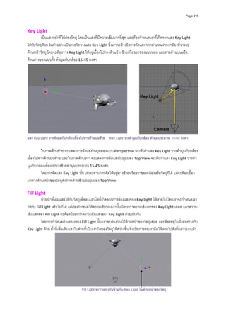 Page 215




Key Light 
          เปนแสงหลักที่ใชสองวัตถุ โดยเปนแสงที่มีความเขมมากที่สุด และตองกําหนดเงาที่เกิดจากแสง Key Light 
ใหกับวัตถุดวย ในตัวอยางเปนการจัดวางแสง Key Light ซึ่งเราจะอางอิงการจัดแสงจากตําแหนงของกลองที่วางอยู
ดานหนาวัตถุ โดยจะตองวาง Key Light ใหอยูเยื้องไปทางดานขางซายหรือขวาของแนวนอน และทางดานบนหรือ
ดานลางของแนวตั้ง ทํามุมกับกลอง 15‐45 องศา   




                                                                                                                          
แสง Key Light วางทํามุมกับกลองเยื้องไปทางดานบนซาย Key Light วางทํามุมกับกลอง ทํามุมประมาณ 15-45 องศา

         ในภาพดานซาย จะแสดงการจัดแสงในมุมมองแบบ Perspective จะเห็นวาแสง Key Light วางทํามุมกับกลอง
เยื้องไปทางดานบนซาย และในภาพดานขวา จะแสดงการจัดแสงในมุมมอง Top View จะเห็นวาแสง Key Light วางทํา
มุมกับกลองเยื้องไปทางซายทํามุมประมาณ 15‐45 องศา  
         โดยการจัดแสง Key Light นั้น เราจะสามารถจัดใหอยูทางซายหรือขวาของกลองหรือวัตถุก็ได แตจะตองเยื้อง
มาทางดานหนาของวัตถุดังภาพดานซายในมุมมอง Top View  
          
Fill Light 
           ทําหนาที่เติมแสงใหกับวัตถุเพื่อลบเงามืดที่เกิดจากการสองแสงของ Key Light ใหหายไป โดยเราจะกําหนดเงา
ใหกับ Fill Light หรือไมก็ได แตตองกําหนดใหความเขมของเงานั้นนอยกวาความเขมเงาของ Key Light เสมอ และความ
เขมแสงของ Fill Light จะตองนอยกวาความเขมแสงของ Key Light ดวยเชนกัน  
           โดยการกําหนดตําแหนงของ Fill Light นั้น เราจะตองวางไวดานหนาของวัตถุเสมอ และตองอยูในฝงตรงขางกับ 
Key Light ดวย ทั้งนี้เพื่อเติมแสงในสวนที่เปนเงามืดของวัตถุใหสวางขึ้น ซึ่งเปนการลบเงามืดใหหายไปดังที่กลาวมาแลว  




                                                                                                     
                                      Fill Light จะวางตรงกันขามกับ Key Light ในดานหนาของวัตถุ
 