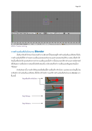 Page 231




หนาตาง Timeline จะปรากฏ


การสรางแอนิเมชั่นในโปรแกรม Blender 
             เริ่มตนเราตองเขาใจกอนวาโปรแกรมสรางงาน 3D เหลานี้ มีจุดเดนอยูที่การสรางแอนิเมชั่นแบบคียเฟรม ซึ่งเปน
การสรางแอนิเมชั่นที่ใชการกําหนดความเปลี่ยนแปลงขององคประกอบและตําแหนงของวัตถุใหกับบางเฟรม เพื่อสรางให
วัตถุนั้นเคลื่อนไหวได และเฟรมดังกลาวจะจําความเปลี่ยนแปลงนั้นไว จากนั้นโปรแกรมจะใชการคํานวณทางคณิตศาสตร 
เพื่อใหแสดงการเคลื่อนไหวจากเฟรมหนึ่งไปยังอีกเฟรมหนึ่ง เราเรียกเฟรมที่จดจําการเปลี่ยนแปลงขอมูลของวัตถุนั้นวา 
"คียเฟรม" 
             สําหรับตัวอยางนี้ เราจะสรางใหวัตถุกลองสี่เหลี่ยมนี้มีการเคลื่อนที่จากซายไปขวา และคอยๆ ขยายใหญขึ้น โดย
อาศัยหลักการทําแอนิเมชั่นแบบคียเฟรม เพื่อใหเราเขาใจหลักการและวิธีการสรางแอนิเมชั่นดวยโปรแกรม Blender มาก
ขึ้น ดังนี้ 
                   วัตถุเคลื่อนที่จากซายไปขวา




                   วัตถุกําลังหมุน


                   วัตถุกําลังขยาย
          
          
          
          
                    
          
 