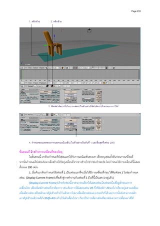 Page 233



         1. คลิกซาย          2. คลิกซาย
          




                                                                                                                         
                            3. พิมพคาอัตราเร็วในการแสดง (ในตัวอยางใหคาอัตราเร็วตามระบบ PAL




         4. กําหนดขอบเขตของการแสดงแอนิเมชั่น (ในตัวอยางเริ่มตนที่ 1 และสิ้นสุดที่เฟรม 200)

ขั้นตอนที่ 2 สรางการเคลื่อนที่ของวัตถุ 
           ในขั้นตอนนี ้ เราตองกําหนดคียเฟรมแรกใหกับการแอนิเมชั่นของเรา เพื่อระบุเฟรมตั้งตนกอนการเคลื่อนที่ 
จากนั้นกําหนดคียเฟรมถัดมาเพื่อสรางใหวัตถุเคลื่อนที่จากทางซายไปขวาของวิวพอรต โดยกําหนดใหการเคลื่อนที่นี้แสดง
ทั้งหมด 100 เฟรม 
           1. เริ่มตนเราตองกําหนดใหเฟรมที 1 เปนเฟรมแรกที่จะเริ่มใหมีการเคลื่อนที่กอน ใหพิมพเลข 1 ในชองกําหนด
                                             ่
เฟรม  (Display Current Frame) เพื่อเขาสูการทํางานกับเฟรมที่ 1 (ในที่นี้เปนเลข 1 อยูแลว)  
           (Display Current Frame) สําหรับชองนี้เราสามารถเลือกใหแสดงเฟรมใดเฟรมหนึ่งเพื่อดูลักษณะการ
เคลื่อนไหว เพียงพิมพคาเฟรมที่เราตองการ เชน ตองการใหแสดงเฟรม 20 ก็ใหพิมพคา 20 ลงไป หรือกดปุมสามเหลี่ยม
เพื่อเลือกเฟรม หรือคลิกเมาสปุมซายคางไว แลวลากไปมาเพื่อเลือกเฟรมแบบรวดเร็วก็ได นอกจากนั้นยังสามารถคลิก
เมาสปุมซายแลวกดคีย <Shift+Alt> คางไวแลวเลื่อนไปมา ก็จะเปนการเลือกเฟรมทีละเฟรมตามการเลื่อนเมาสได 
 