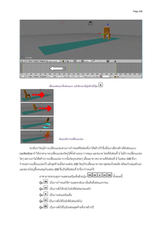Page 238




                          เลื่อนเฟรมมาที่เฟรมแรก แลวลิกเมาสปุมซายที่ปุม




                                    วัตถุจะมีการเปลี่ยนแปลง

        จะเห็นวาวัตถุมีการเปลี่ยนแปลงตามการกําหนดคียเฟรมที่เราไดสรางไว ซึ่งเมื่อเราเลือกสรางคียเฟรมแบบ 
LocRotSize ทําใหเราสามารถเปลี่ยนแปลงวัตถุไดทั้งตําแหนง การหมุน และขนาด โดยคียเฟรมที่ 1 ไมมีการเปลี่ยนแปลง
ใดๆ เพราะเราไมไดสรางการเปลี่ยนแปลง จากนั้นวัตถุจะคอยๆ เลื่อนมาทางขวาตามคียเฟรมที่ 2 ในเฟรม 100 ที่เรา
กําหนดการเปลี่ยนแปลงไว แลวสุดทายเมื่อผานเฟรม 100 วัตถุก็จะเลื่อนมาทางขวาสุดของวิวพอรต พรอมกับหมุนตัวเอง
และขยายใหญขึ้นจนหยุดในเฟรม 200 ซึ่งเปนคียเฟรมที่ 3 ที่เรากําหนดไว 
                 เราสามารถควบคุมการแสดงแอนิเมชั่นดวยปุม                             ทั้งหมดนี้     

                 ปุม       เปนการกําหนดใหการแสดงกลับมาเริ่มตนที่เฟรมแรกกอน   

                 ปุม       เปนการสั่งใหกลับไปยังคียเฟรมกอนหนา  

                 ปุม       เปนการเลนแอนิเมชั่น  

                 ปุม     เปนการสั่งใหไปยังคียเฟรมถัดไป  
                 ปุม       เปนการสั่งใหไปยังเฟรมสุดทายที่เราสรางไว 
 