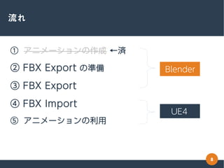 8
流れ
① アニメーションの作成 ←済
② FBX Export の準備
③ FBX Export
④ FBX Import
⑤ アニメーションの利用
Blender
UE4
 