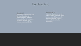 User Interface
Cinema 4D UI
Cinema 4D, known for its
user-friendly interface, offers
a streamlined layout and
easily accessible tools. It's
an excellent choice for
beginners.
Blender UI
Blender's user interface can
be overwhelming for
newcomers but is highly
customizable. Its extensive
toolset is packed into
various panels and tabs.
 