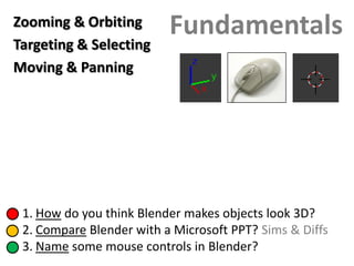 Zooming & Orbiting
Targeting & Selecting
Moving & Panning
Fundamentals
1. How do you think Blender makes objects look 3D?
2. Compare Blender with a Microsoft PPT? Sims & Diffs
3. Name some mouse controls in Blender?
 