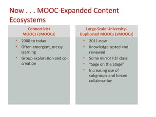 Now . . . MOOC-Expanded Content
Ecosystems
       Connectivist                 Large-Scale University-
     MOOCs (cMOOCs)              Duplicated MOOCs (xMOOCs)
    2008 to today                   2011-now
    Often emergent, messy           Knowledge tested and
     learning                         reviewed
    Group exploration and co-       Some mirror F2F class
     creation                        “Sage on the Stage”
                                     Increasing use of
                                      subgroups and forced
                                      collaboration
 