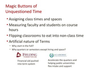 Magic Buttons of
Unquestioned Time
• Assigning class times and spaces
• Measuring faculty and students on course
  hours
• Flipping classrooms to eat into non-class time
• Artificial nature of Terms
 • Why start in the Fall?
 • Why quarters or semesters except hiring and space?



        Financial aid pushed        Accelerate the quarters and
        into term system            helping public universities
                                    flex intake and support
 