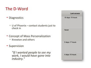 The D-Word
• Diagnostics

  • U of Phoenix – contact students just to
    check in

• Concept of Mass Personalization
  • Knewton and others

• Supervision

    “If I wanted people to see my
    work, I would have gone into
    industry."
 