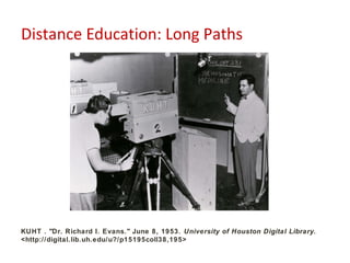 Distance Education: Long Paths




KUHT . "Dr. Richard I. Evans." June 8, 1953. University of Houston Digital Library.
<http://digital.lib.uh.edu/u?/p15195coll38,195>
 