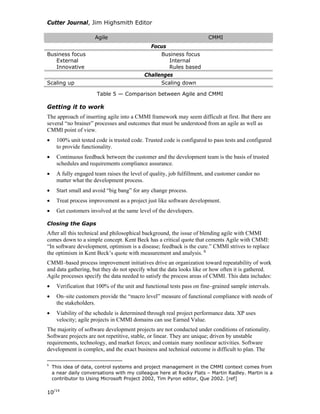 Cutter Journal, Jim Highsmith Editor
Agile CMMI
Focus
Business focus
External
Innovative
Business focus
Internal
Rules based
Challenges
Scaling up Scaling down
Table 5 — Comparison between Agile and CMMI
Getting it to work
The approach of inserting agile into a CMMI framework may seem difficult at first. But there are
several “no brainer” processes and outcomes that must be understood from an agile as well as
CMMI point of view.
• 100% unit tested code is trusted code. Trusted code is configured to pass tests and configured
to provide functionality.
• Continuous feedback between the customer and the development team is the basis of trusted
schedules and requirements compliance assurance.
• A fully engaged team raises the level of quality, job fulfillment, and customer candor no
matter what the development process.
• Start small and avoid “big bang” for any change process.
• Treat process improvement as a project just like software development.
• Get customers involved at the same level of the developers.
Closing the Gaps
After all this technical and philosophical background, the issue of blending agile with CMMI
comes down to a simple concept. Kent Beck has a critical quote that cements Agile with CMMI:
“In software development, optimism is a disease; feedback is the cure.” CMMI strives to replace
the optimism in Kent Beck’s quote with measurement and analysis. 6
CMMI–based process improvement initiatives drive an organization toward repeatability of work
and data gathering, but they do not specify what the data looks like or how often it is gathered.
Agile processes specify the data needed to satisfy the process areas of CMMI. This data includes:
• Verification that 100% of the unit and functional tests pass on fine–grained sample intervals.
• On–site customers provide the “macro level” measure of functional compliance with needs of
the stakeholders.
• Viability of the schedule is determined through real project performance data. XP uses
velocity; agile projects in CMMI domains can use Earned Value.
The majority of software development projects are not conducted under conditions of rationality.
Software projects are not repetitive, stable, or linear. They are unique; driven by unstable
requirements, technology, and market forces; and contain many nonlinear activities. Software
development is complex, and the exact business and technical outcome is difficult to plan. The
6
This idea of data, control systems and project management in the CMMI context comes from
a near daily conversations with my colleague here at Rocky Flats – Martin Radley. Martin is a
contributor to Using Microsoft Project 2002, Tim Pyron editor, Que 2002. [ref]
10/14
 