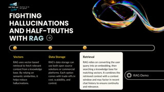 FIGHTING
HALLUCINATIONS
AND HALF-TRUTHS
WITH RAG
Vectors
RAG uses vector-based
retrieval to fetch relevant
context from a knowledge
base. By relying on
semantic similarities, it
helps reduce
hallucinations.
Data Storage
RAG’s data storage can
use both open source
solutions or commercial
platforms. Each option
comes with trade-offs in
cost, scalability, and
control.
Retrieval
RAG relies on converting the user
query into an embedding, then
searching a knowledge base for
matching vectors. It combines the
retrieved context with a context
window and may factor in recent
chat history to ensure continuity
and relevance.
RAG Demo
 