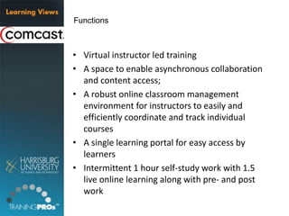 • Virtual instructor led training
• A space to enable asynchronous collaboration
and content access;
• A robust online classroom management
environment for instructors to easily and
efficiently coordinate and track individual
courses
• A single learning portal for easy access by
learners
• Intermittent 1 hour self-study work with 1.5
live online learning along with pre- and post
work
Functions
 
